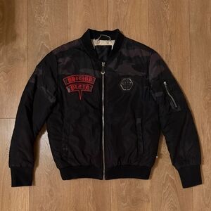 Philipp Plein Black Bomber Jacket with Red Patch